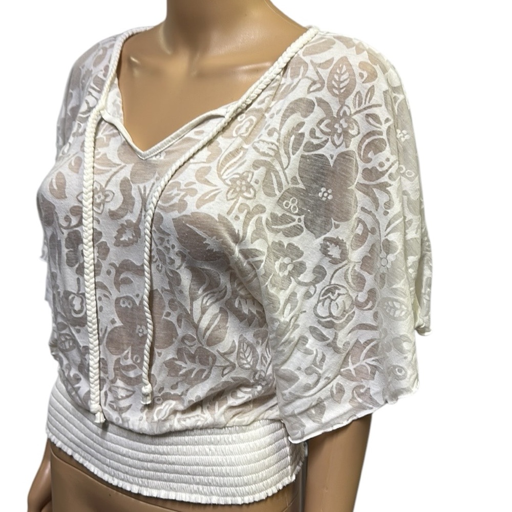 Express Semi Sheer Short Flutter Sleeve Elastic Waist Lightweight Top Womens XS - Picture 3 of 10